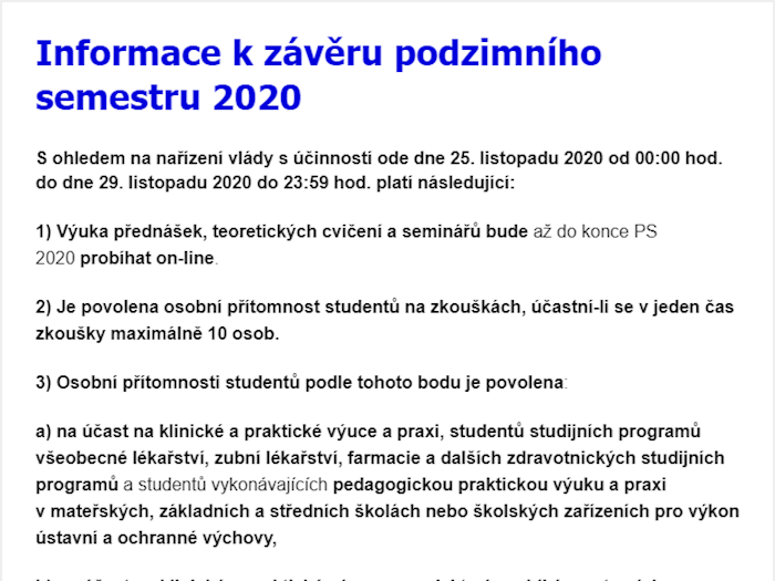 Informace k závěru podzimního semestru 2020